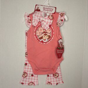 Strawberry Shortcake Headband Bodysuit Pant 3 Piece Set Gingham Pink Red 6M NEW